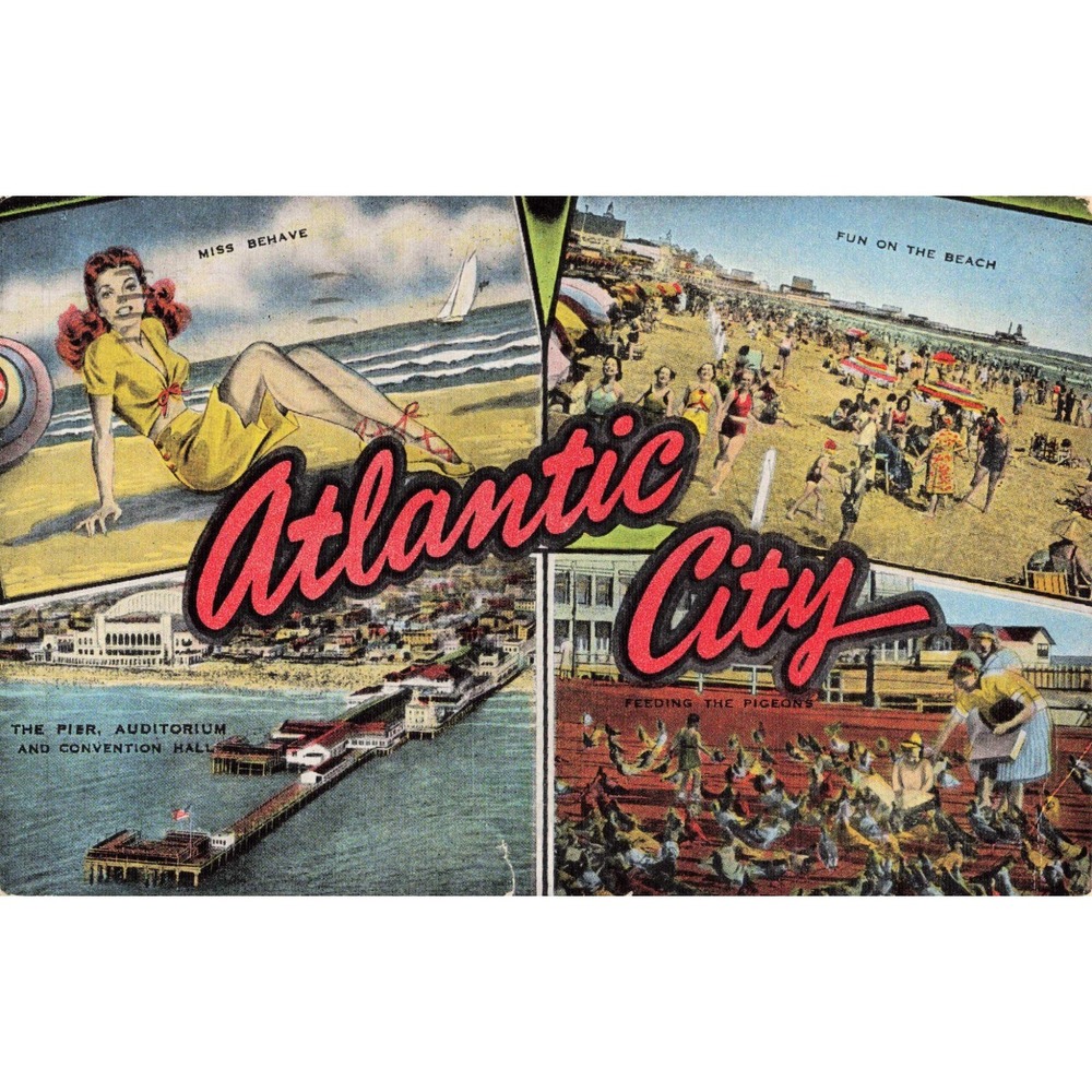 Vintage Atlantic City NJ Linen Postcard Multi-View Pinup Miss Behave Beach Pier - Picture 1 of 2